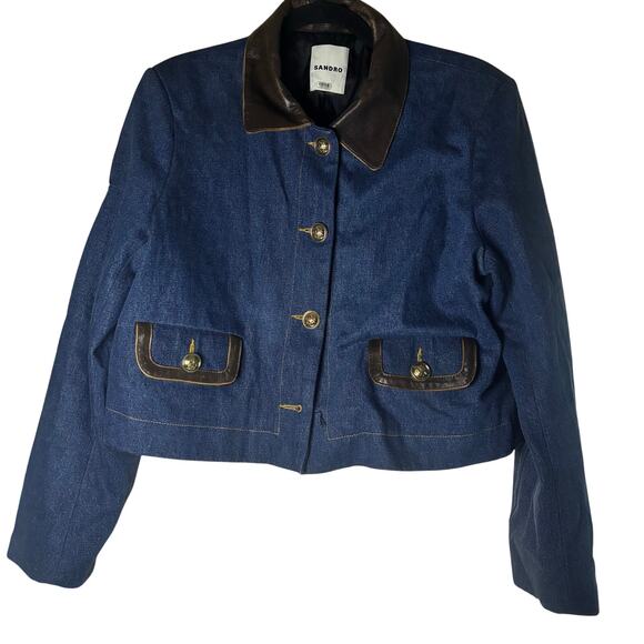 Sandro Denim Jacket with Leather Collar - Picture 3 of 16